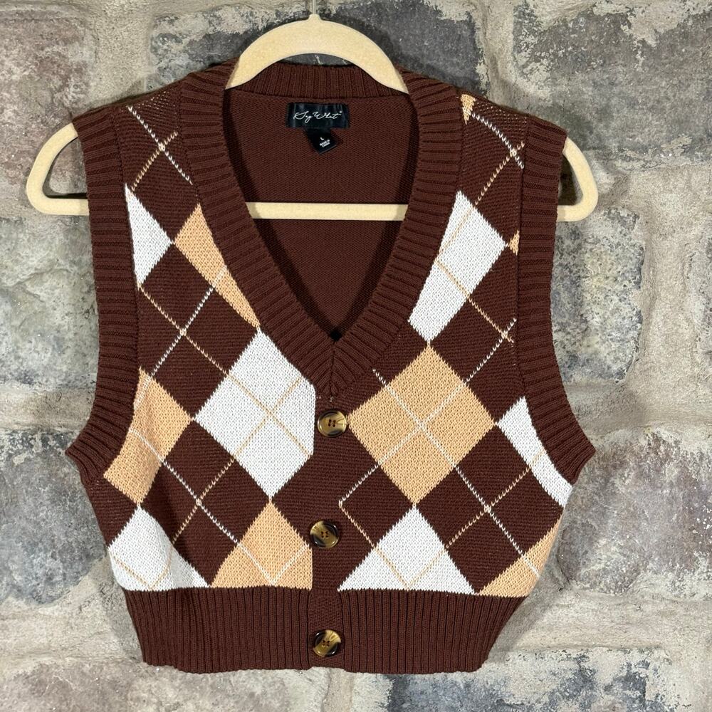 Say What Argyle‎ Sweater Vest Brown Beige White Crop Y2K Knit Button Medium